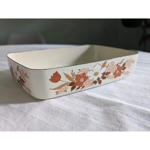 Vintage Kingsbury Dogwood Casserole Dish 70's Enamelware Floral Mid-Century